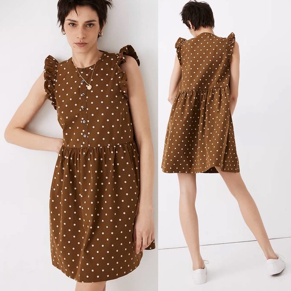 Madewell Dresses & Skirts - Madewell Mini Shirt Dress Green Brown Ivory Polka Dot Womens Size 10 NEW